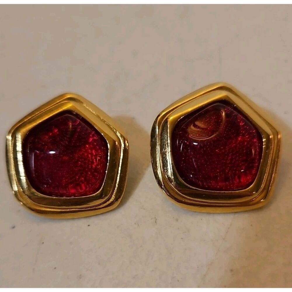 Vintage AVON Signed Red Lucite Chunky Stone Gold Tone Earrings Statement Bling